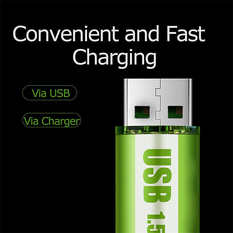 Arenzza lithium AA rechargeable batteries with USB port, showing the batteries and USB connection in a close-up image.