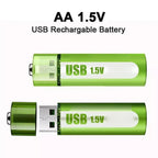 Arenzza rechargeable lithium AA batteries with USB port, showing the batteries with USB connection and current 1.5V output.