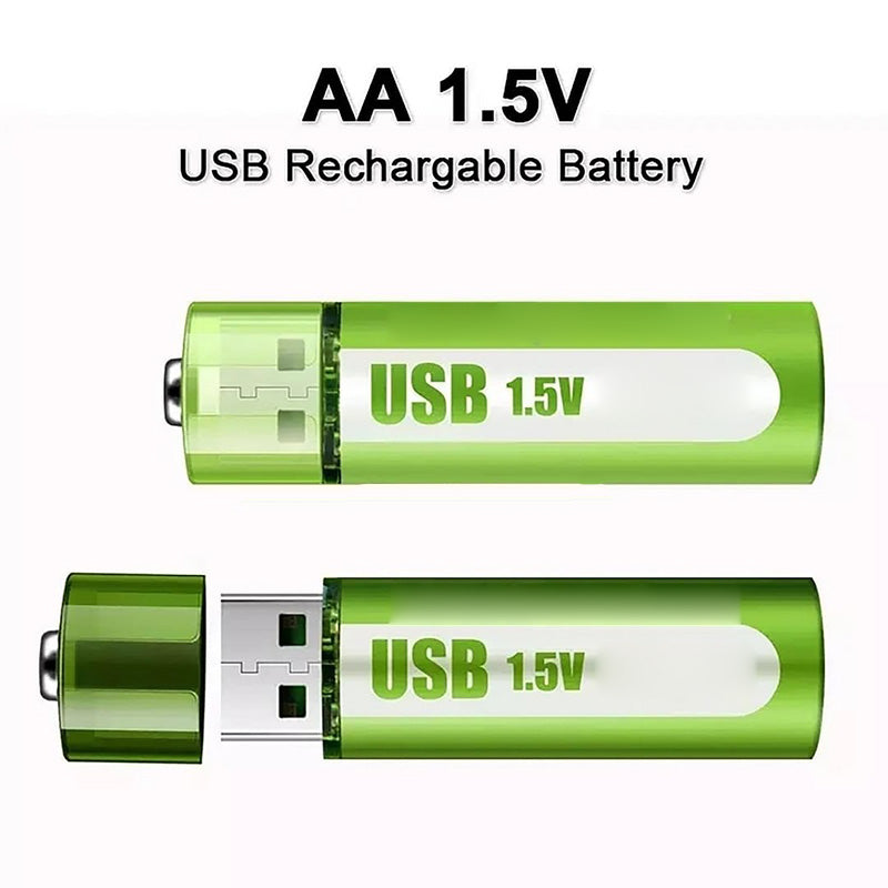Arenzza rechargeable lithium AA batteries with USB port, showing the batteries with USB connection and current 1.5V output.