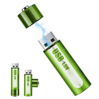 Arenzza lithium AA rechargeable batteries with USB port, showing a close-up of the batteries with USB charging port visible.