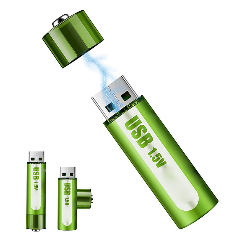 Arenzza lithium AA rechargeable batteries with USB port, showing a close-up of the batteries with USB charging port visible.