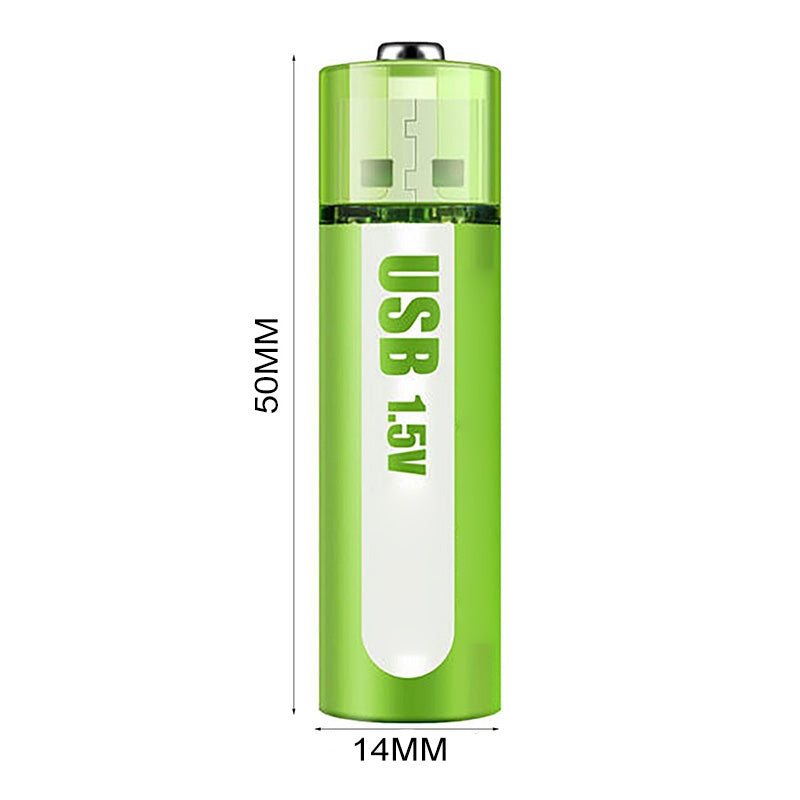 Arenzza lithium AA rechargeable batteries with USB port, showing batteries and USB connection for long-lasting power and 1.5V output.