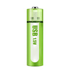 Arenzza rechargeable lithium AA batteries with USB port, showing a pair of batteries with USB charging port and digital display