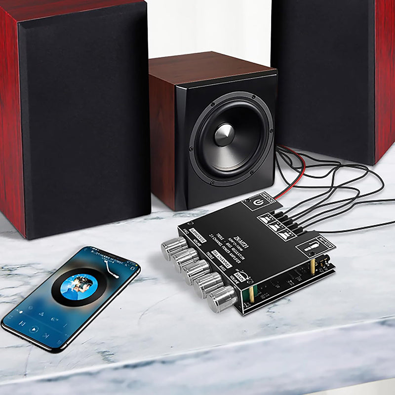 Arenzza 2.1 Channel Bluetooth audio power amplifier module showing circuit board with connectors and components for electronics projects.