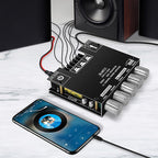 Arenzza 2.1 channel Bluetooth audio power amplifier module showing circuit board with ports and components for electronics and accessories.