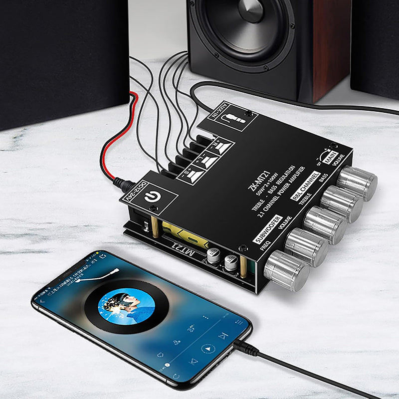 Arenzza 2.1 channel Bluetooth audio power amplifier module showing circuit board with ports and components for electronics and accessories.
