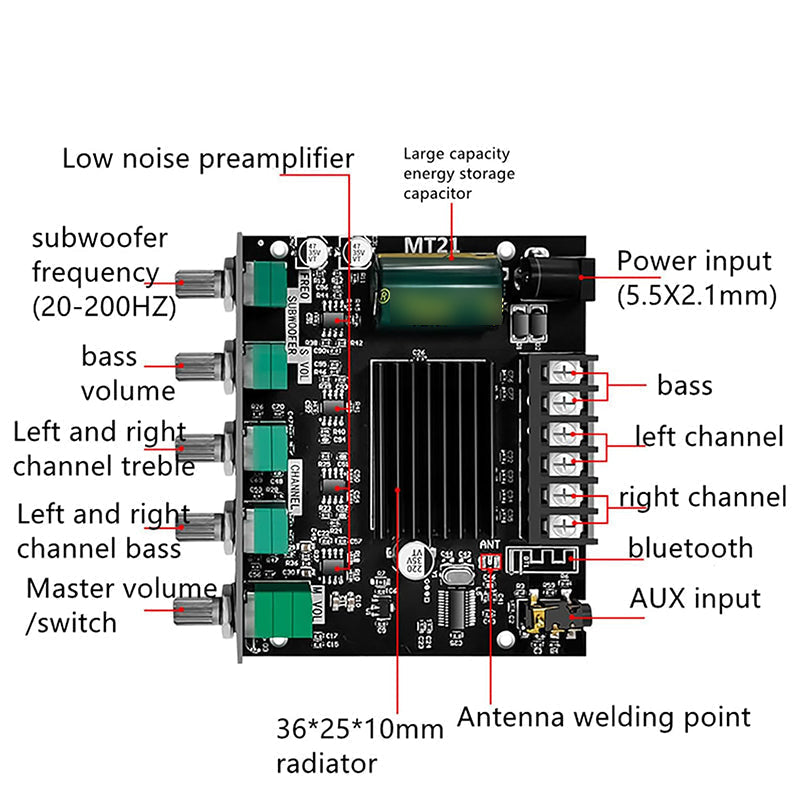 Arenzza 2.1 channel Bluetooth audio power amplifier module showing circuit board with input and output ports.