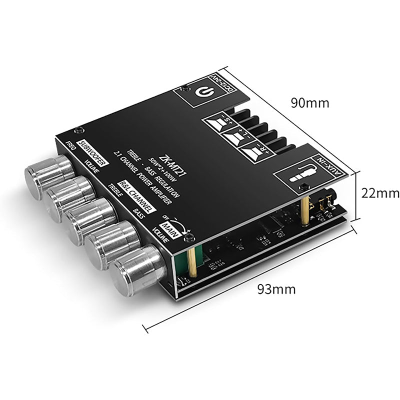 Arenzza 2.1 Channel Bluetooth Audio Power Amplifier Module showing circuit board with input and output ports for electronics setup.