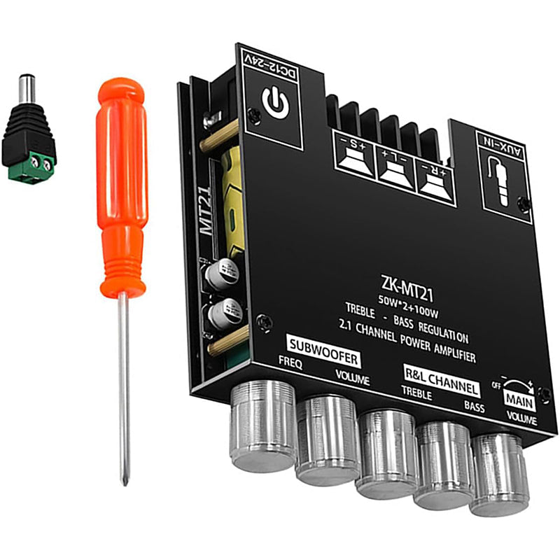 Arenzza 2.1 Channel Bluetooth audio power amplifier module with electronic components, compact design, and connection ports.