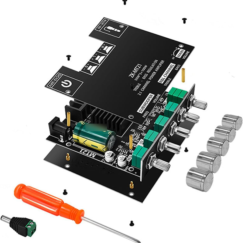 Arenzza 2.1 Channel Bluetooth Audio Power Amplifier Module showing circuit board with ports and components for electronics and accessories.