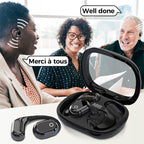 Arenzza AI Voice Translation Bluetooth earbuds with sleek black design, wireless in-ear headphones for language translation.