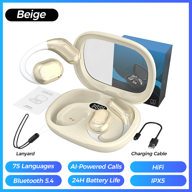 Arenzza AI Voice Translation Bluetooth earbuds with sleek black design, wireless earpieces for hands-free language translation.