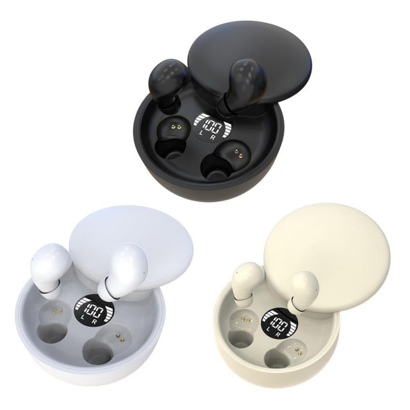 Arenzza Ultra-Compact Bluetooth Sleep Earbuds shown in black, designed for comfortable, wireless sleep and relaxation.