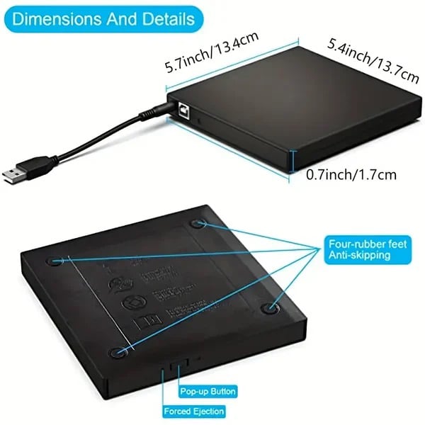 Arenzza external CD/DVD burner connects to laptops without disc drives, featuring a sleek design for easy data transfer and burning.