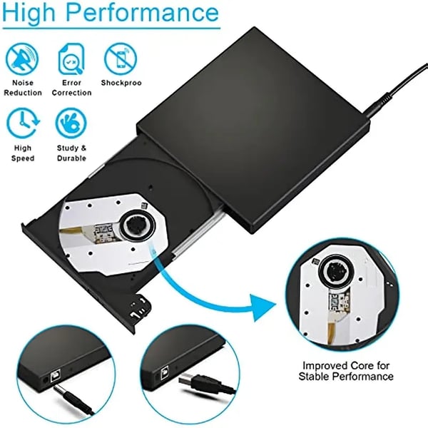 Arenzza external CD/DVD burner connected to a laptop, providing disc drive functionality for electronics and accessories.