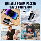 Arenzza 10,000mAh ultra-slim power bank with fast charging for mobile devices, shown in a sleek black design.