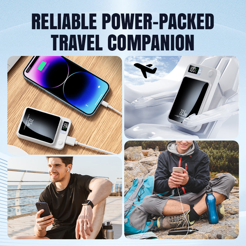 Arenzza 10,000mAh ultra-slim power bank with fast charging for mobile devices, shown in a sleek black design.