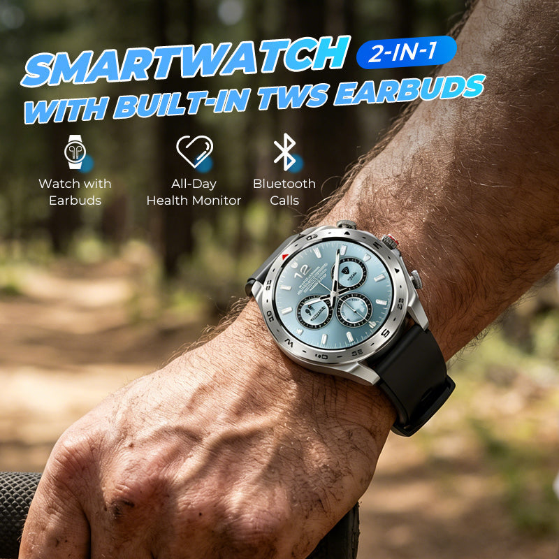 Arenzza 2-in-1 smartwatch with built-in TWS earbuds, showcasing the sleek black smartwatch and compact wireless earbuds.