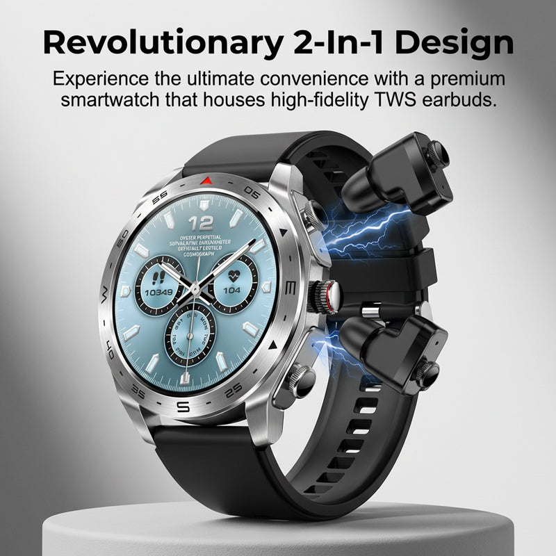 Arenzza 2-in-1 smartwatch with built-in TWS earbuds showcasing a sleek black design and digital display on a modern wrist.