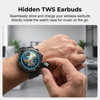 Arenzza 2-in-1 smartwatch with built-in TWS earbuds, black electronics accessory with digital display and compact design.