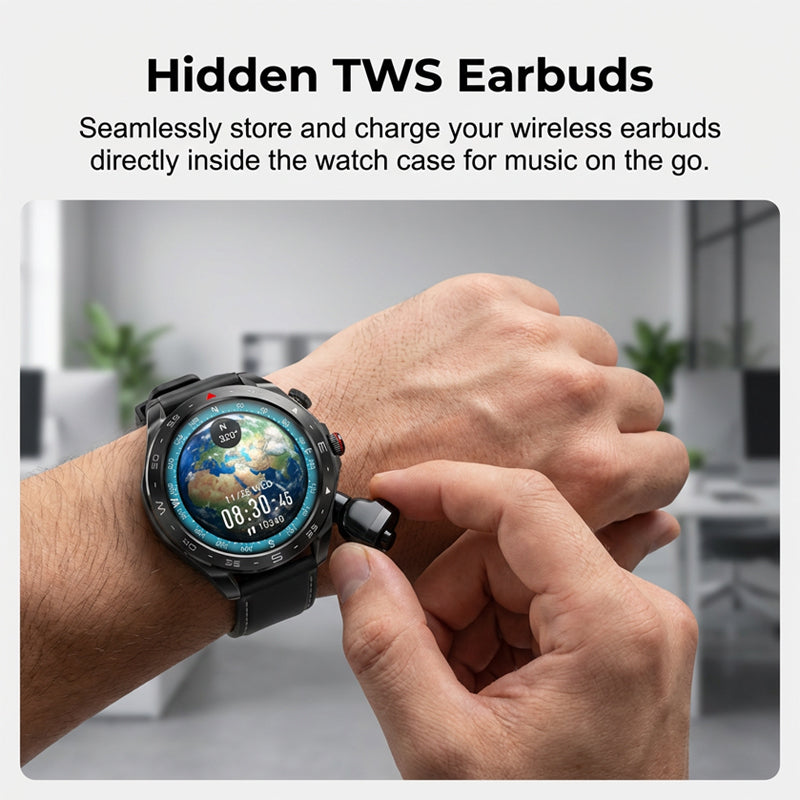Arenzza 2-in-1 smartwatch with built-in TWS earbuds, black electronics accessory with digital display and compact design.