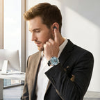 Arenzza 2-in-1 smartwatch with built-in TWS earbuds, black electronic device showing a digital display and wireless earbud case.