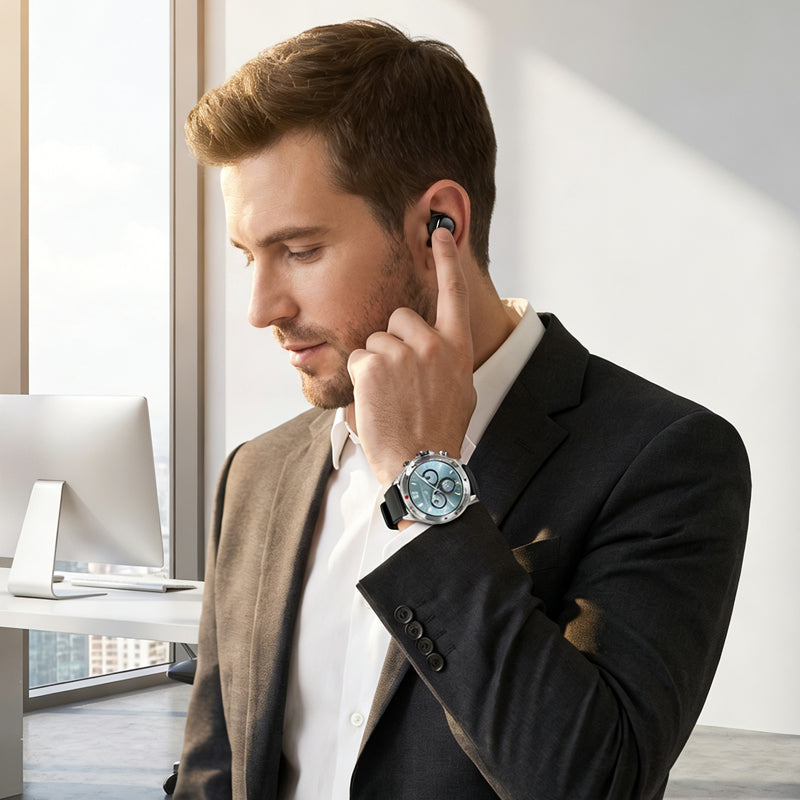 Arenzza 2-in-1 smartwatch with built-in TWS earbuds, black electronic device showing a digital display and wireless earbud case.