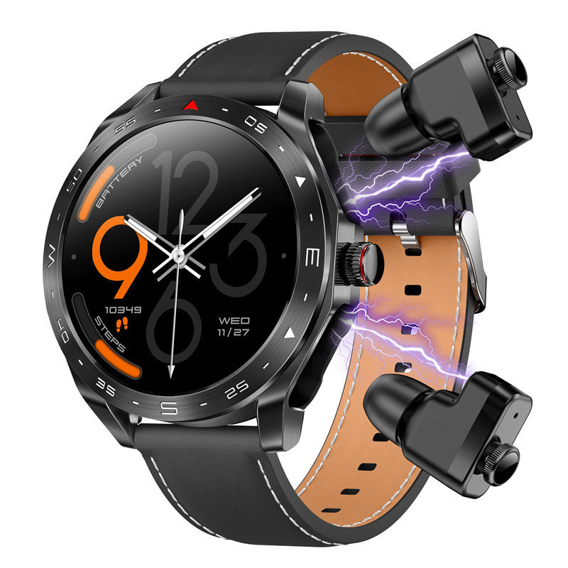 Arenzza 2-in-1 smartwatch with built-in TWS earbuds, showing the sleek smartwatch display and compact wireless earbuds.