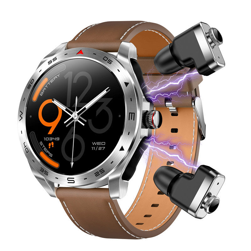 Arenzza 2-in-1 smartwatch with built-in TWS earbuds, black electronic device with a digital display and wireless earbuds attached.