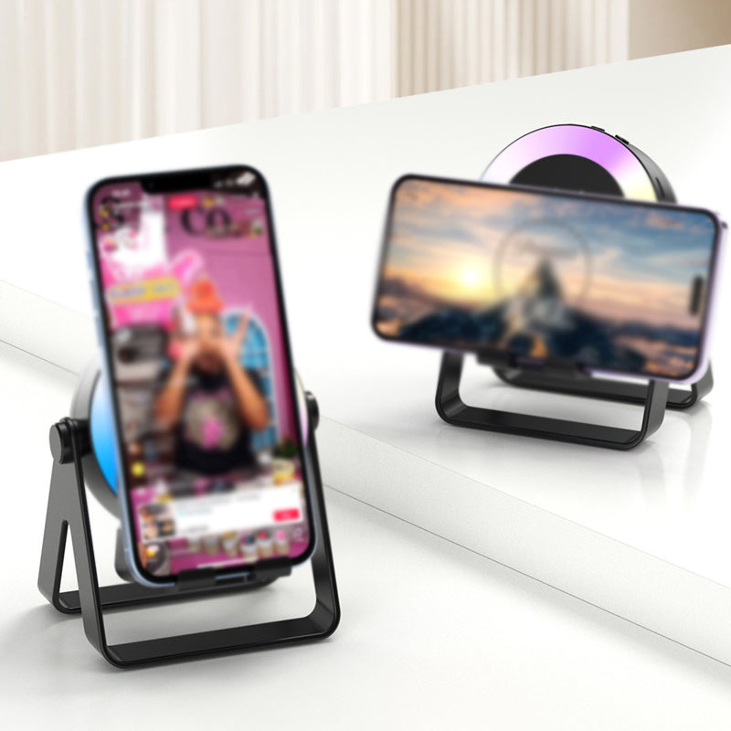 Arenzza 2025 multi-functional cell phone stand with built-in Bluetooth speaker, displaying a sleek electronic accessory with phone support.