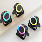 Arenzza 2025 multi-functional cell phone stand with built-in Bluetooth speaker, showcasing a sleek black design and adjustable stand features.