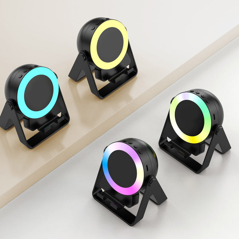 Arenzza 2025 multi-functional cell phone stand with built-in Bluetooth speaker, showcasing a sleek black design and adjustable stand features.