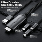 Arenzza 3-in-1 Phone to HDMI Adapter Cable showing multiple connection ports for smartphones and HDMI devices.