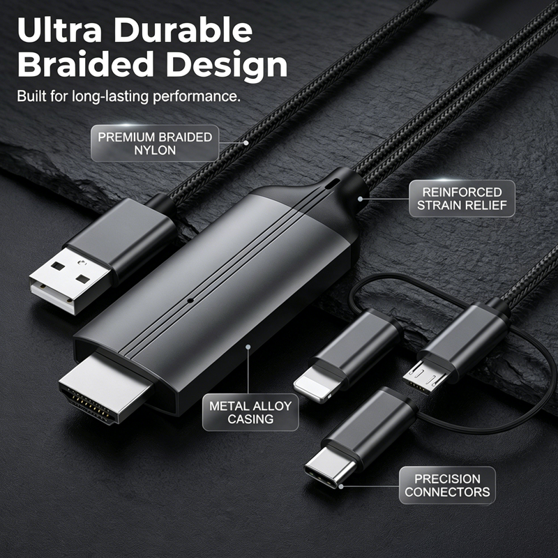 Arenzza 3-in-1 Phone to HDMI Adapter Cable showing multiple connection ports for smartphones and HDMI devices.