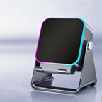 Arenzza 5-in-1 wireless induction Bluetooth speaker with adjustable phone stand, compact electronic device with control buttons.