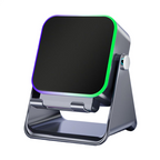 Arenzza 5-in-1 wireless induction Bluetooth speaker with adjustable phone stand, showing sleek electronic design and control buttons.