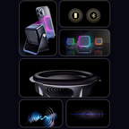 Arenzza 5-in-1 wireless induction Bluetooth speaker with adjustable phone stand, showcasing the sleek electronic device and stand setup.