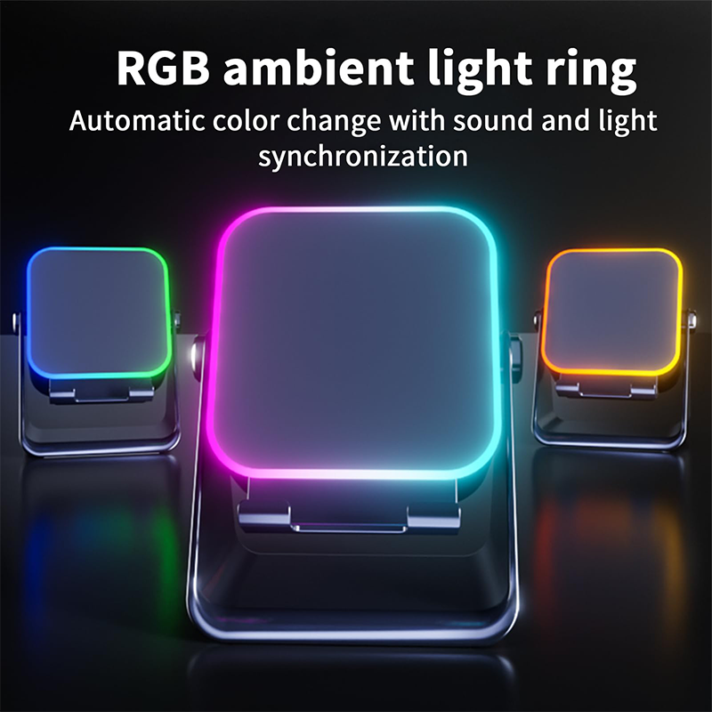 Arenzza 5-in-1 wireless induction Bluetooth speaker with adjustable phone stand, compact electronics and accessory for portable audio.
