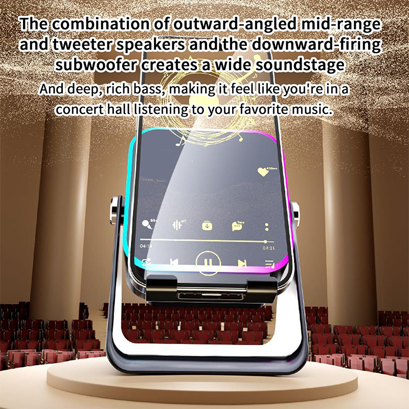 Arenzza 5-in-1 wireless induction Bluetooth speaker with adjustable phone stand and sleek electronic design.