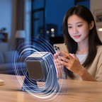 Arenzza 5-in-1 wireless induction Bluetooth speaker with adjustable phone stand, sleek electronic device for music and calls.