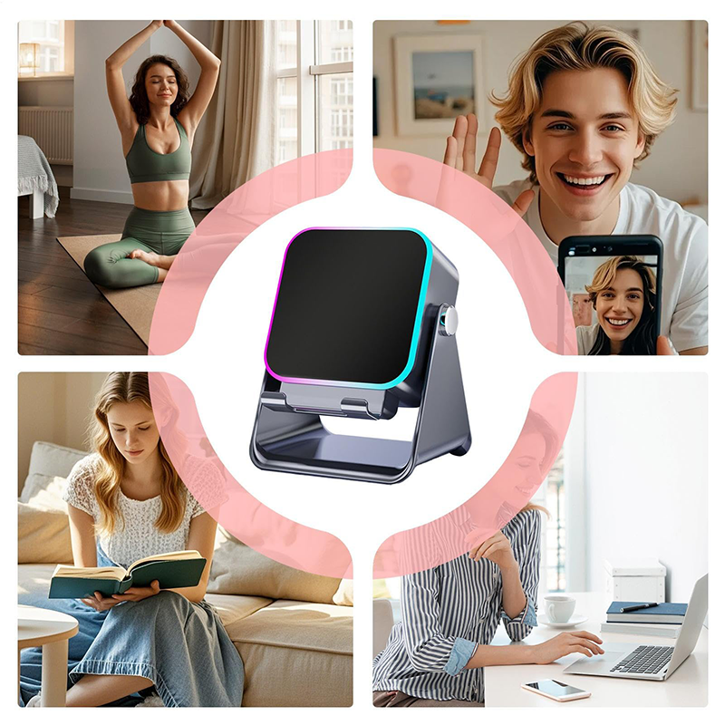 Arenzza 5-in-1 wireless induction Bluetooth speaker with adjustable phone stand, compact electronic accessory for music and calls.