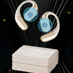 Arenzza wireless open-ear earbuds shown in a close-up, lightweight design with clear sound quality and outdoor safe features.
