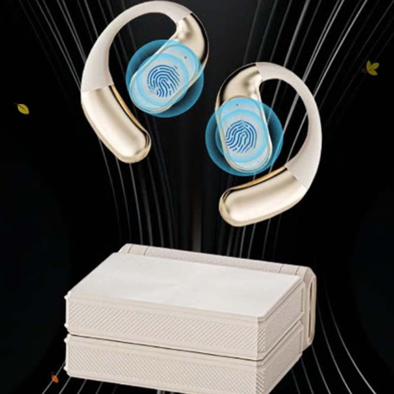 Arenzza wireless open-ear earbuds shown in a close-up, lightweight design with clear sound quality and outdoor safe features.