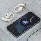 Arenzza wireless open-ear earbuds showing lightweight design and clear sound, suitable for outdoor use.