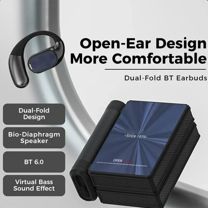 Arenzza wireless open-ear earbuds showing a sleek design and lightweight build, designed for clear sound and outdoor use.