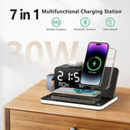 Arenzza 7-in-1 wireless charging station with multiple charging pads and ports for smartphones, smartwatches, and earbuds.