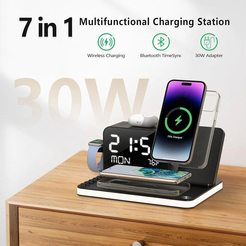 Arenzza 7-in-1 wireless charging station with multiple charging pads and ports for smartphones, smartwatches, and earbuds.