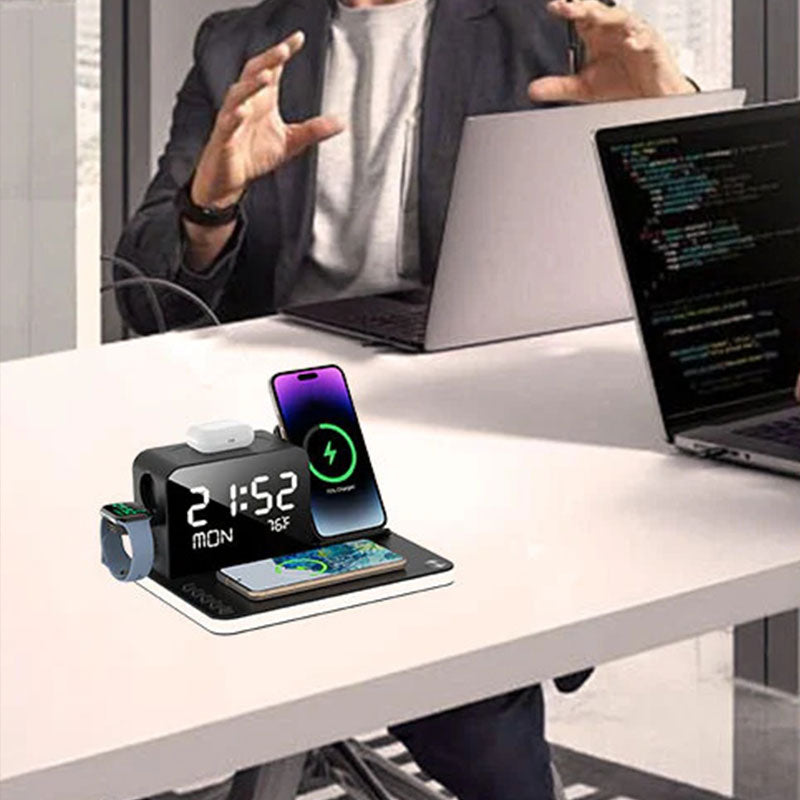 Arenzza 7-in-1 Wireless Charging Station for smartphones, earbuds, and smartwatch with multiple charging pads and ports.