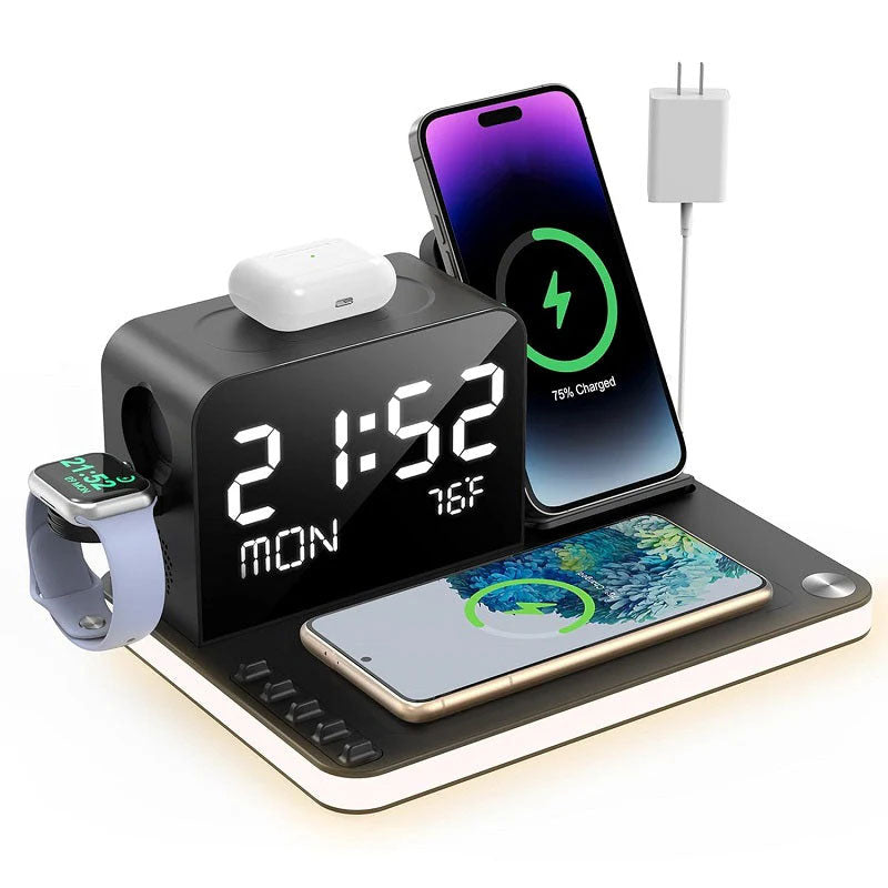 Arenzza 7-in-1 wireless charging station with multiple charging pads and ports for smartphones, smartwatch, earbuds, and accessories.