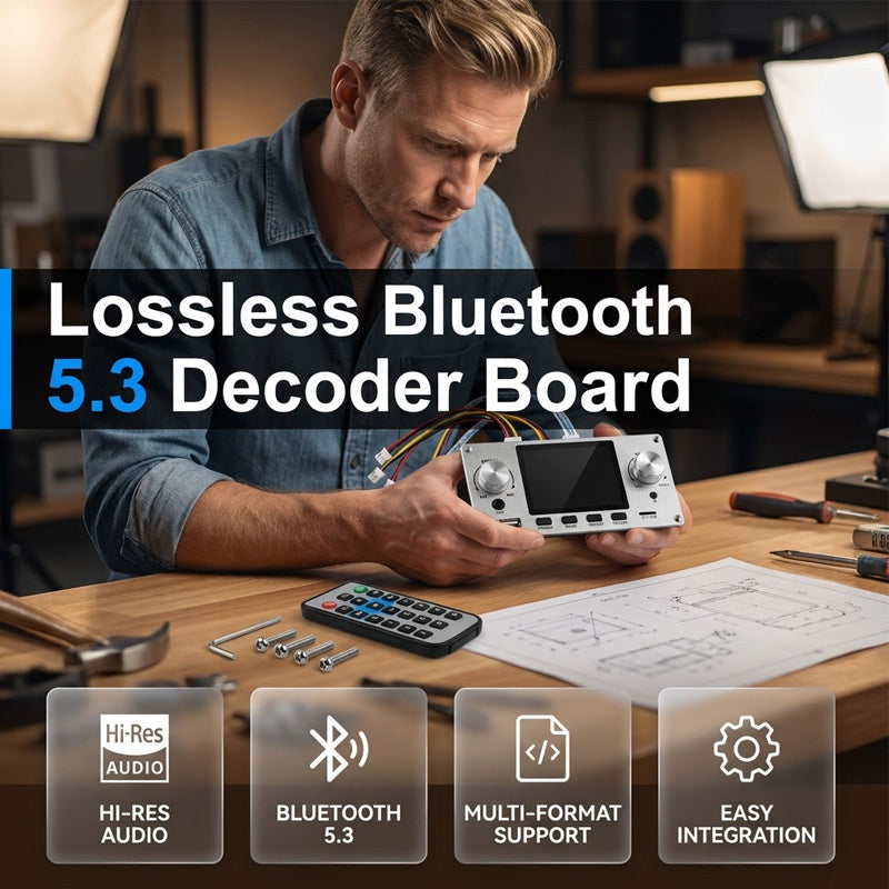 Arenzza Bluetooth 5.3 Lossless Audio Decoder Board showing electronic circuit with connectors and components for audio decoding.